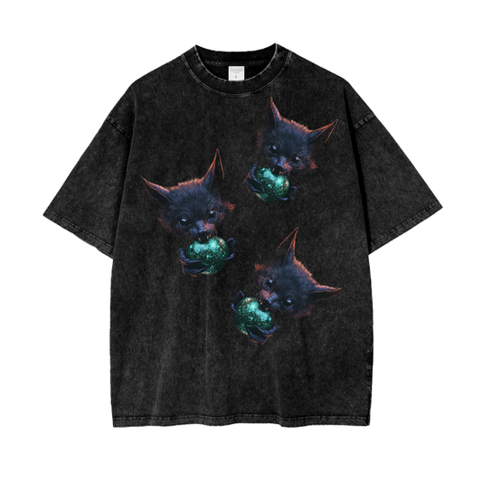 Cute Feral Vicious Bat Christmas Ornament Reflective Goth Holiday Streetwear Acid Wash Oversize T-Shirt - 250 GSM