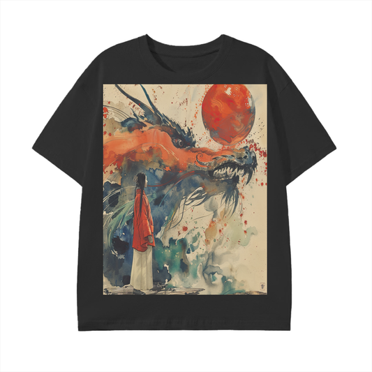 Watercolor Silhouette Kimono Dragon lady Splatter Sepia Red Blood Moon Anime Graphic Print Unisex Classic T-Shirt