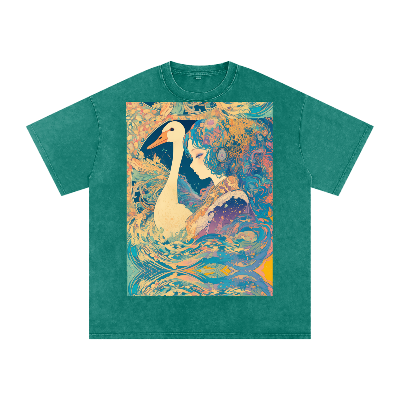 Goose Psychedelic Art Nouveau Moon Beach Wave Bordered Silhouette Anime Pagan Water Goddess Unisex T-Shirt--Snow Washed Oversized Cotton T-Shirt