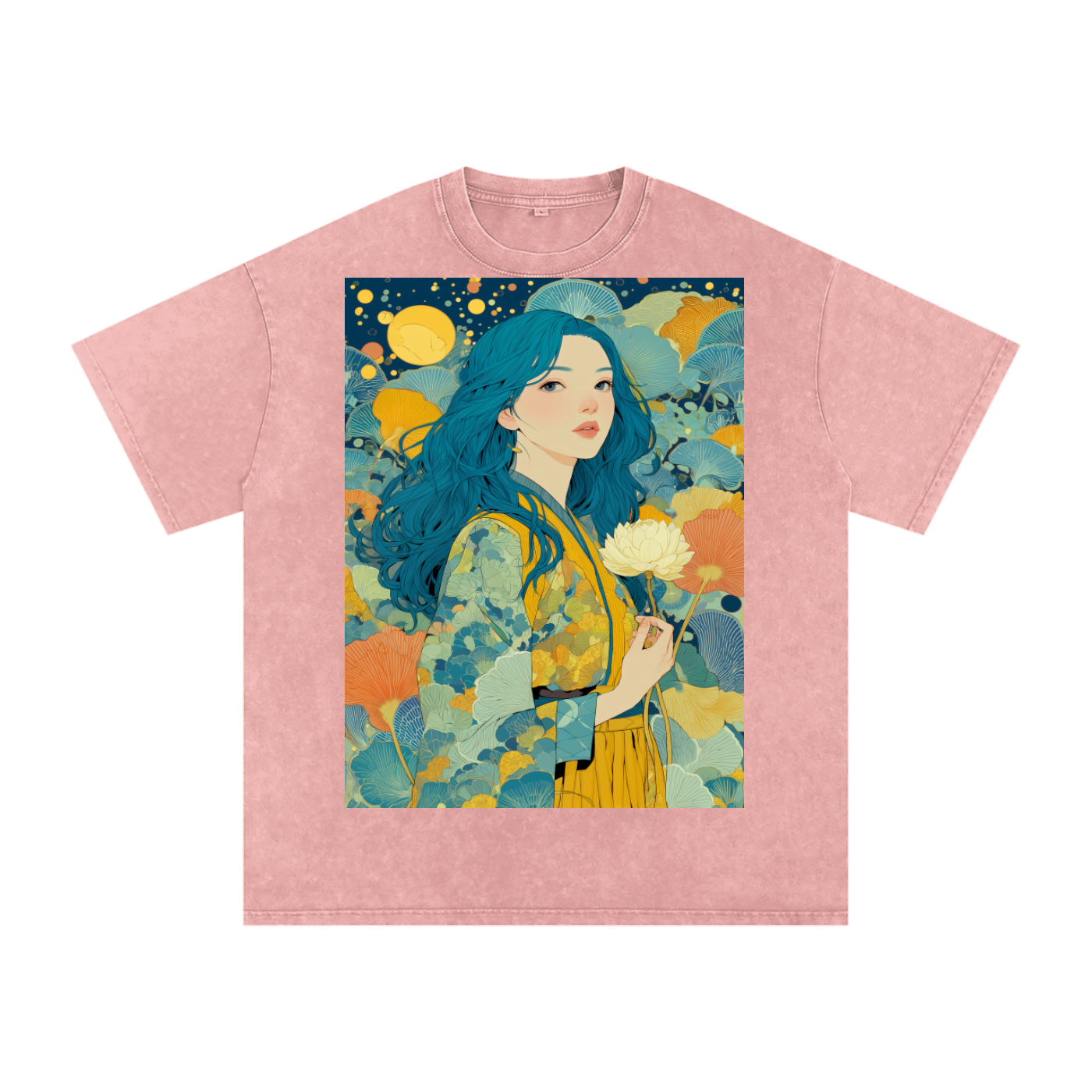 Teal Full Moon Lotus Goddess Psychedelic Art Nouveau Snow Washed Oversized Cotton T-Shirt