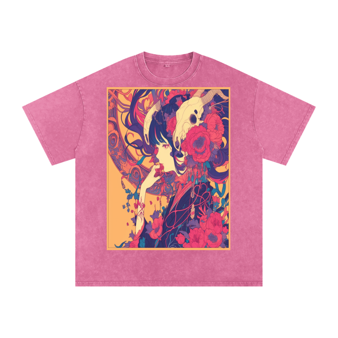 Autumn Avant Yellow Girl Floral Nouveau Skull Unisex Tee-Snow Washed Oversized Cotton T-Shirt