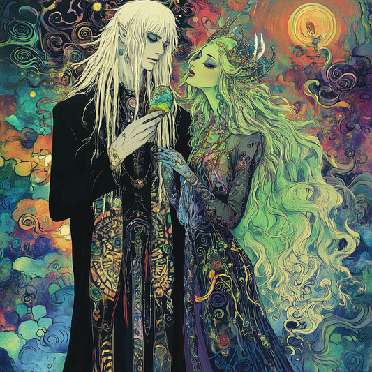 Avant Color Swirl Mint White Haired Yokai Goddess Couple Scene Unisex Tee