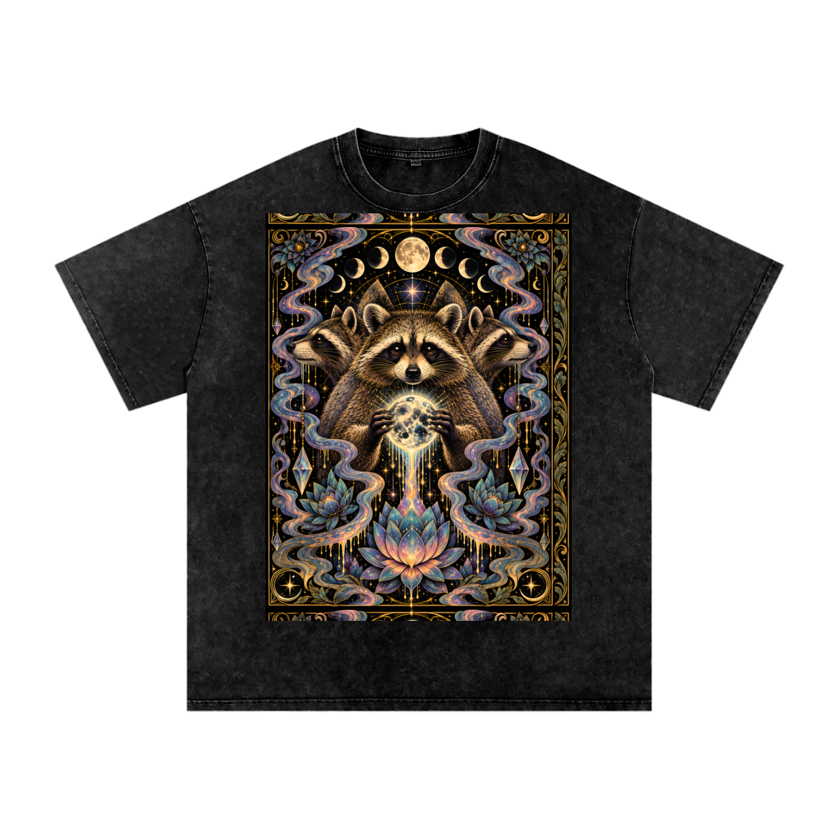 Raccoon Rorshach Moon Lotus Drip Snow Washed Oversized Cotton T-Shirt