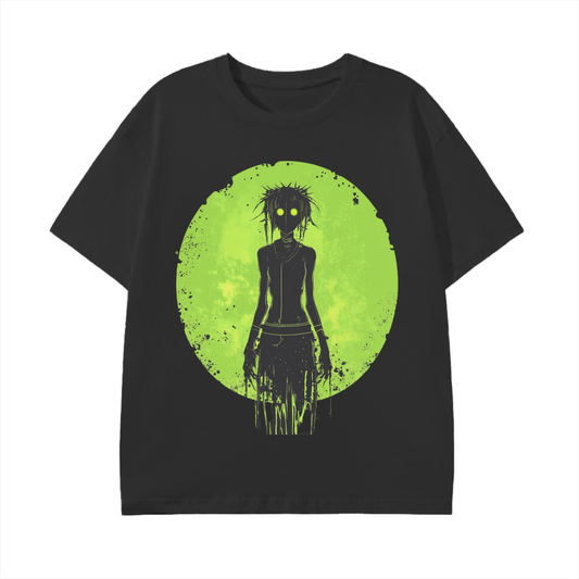 Grunge Apocalyptic Lime Green Neon Moon Shadow Ink Rave Zombie Girl Graphic Grunge Punk Unisex Classic T-Shirt - 180 GSM