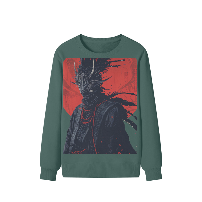 Rustic Crow Horned Samurai Night Sage Red Moon Streetwear Pullover Classic Sweater - 300 GSM