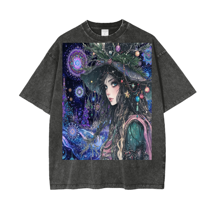 Winter Holiday Christmas Foliage Tree Goddess in the woods of Fractal psychedelic Neon Sky Acid Wash Oversize T-Shirt - 250 GSM