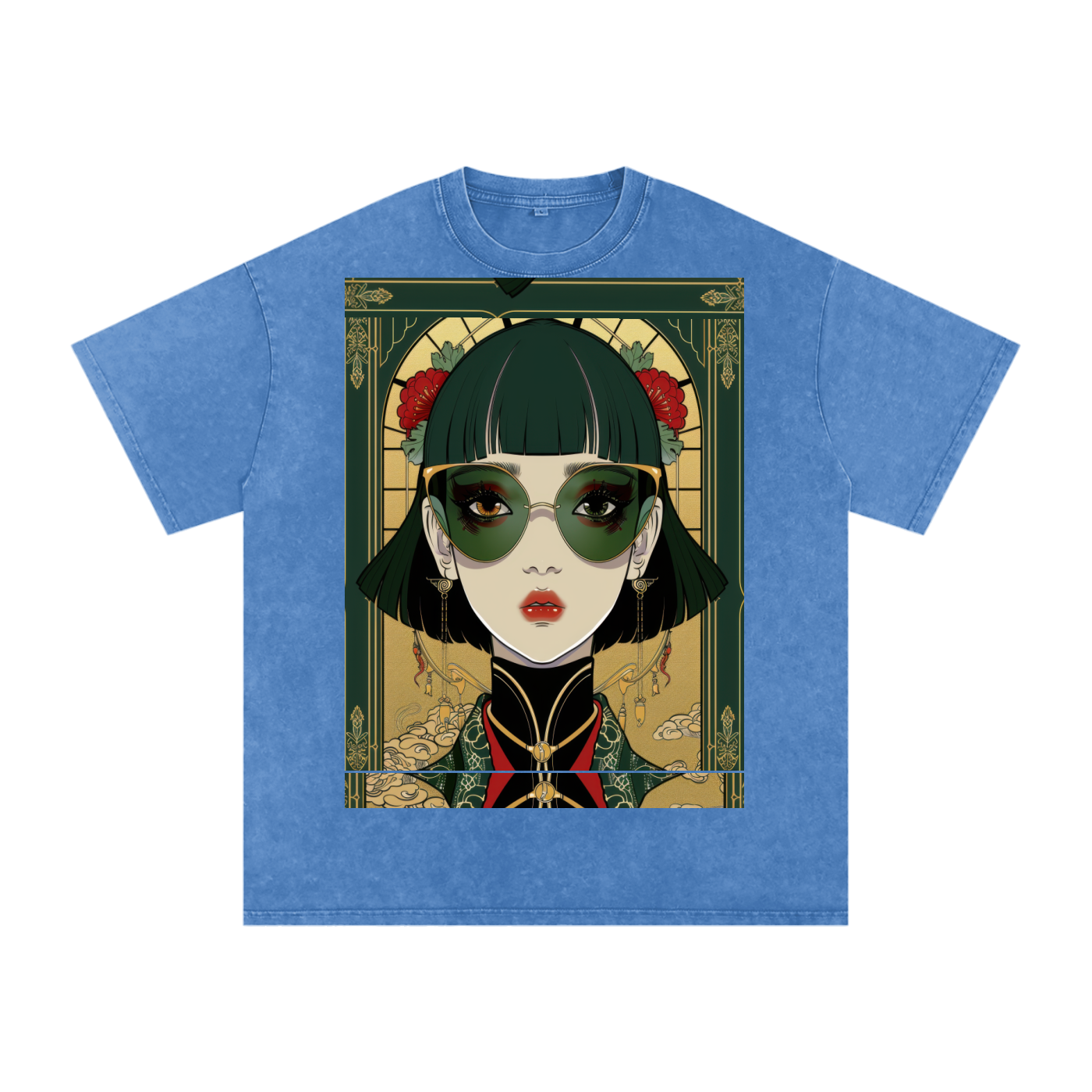 Green Steam Punk Avant Anime lady Unisex Tee Snow Washed Oversized Cotton T-Shirt