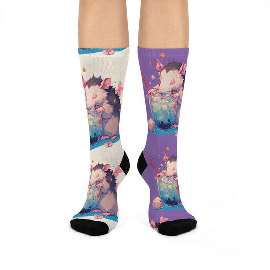 Opossum Boba Tea Watercolor Cherry Blossom Lavender Pastel White Cushioned Crew Socks