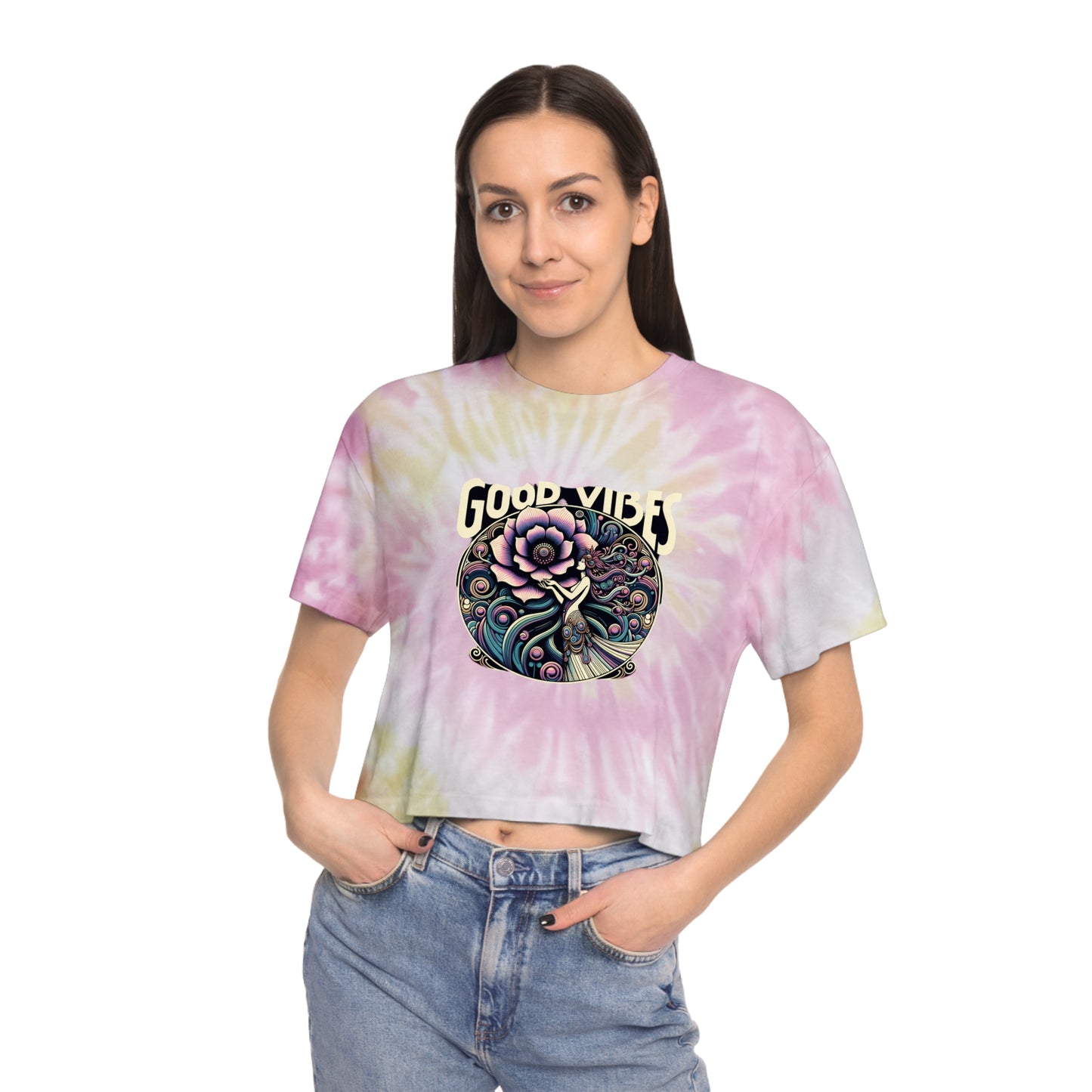 Good Vibes Floral Boho fairy Crop Pastel boxy candy tie dyeWomen's Tie-Dye Crop Tee