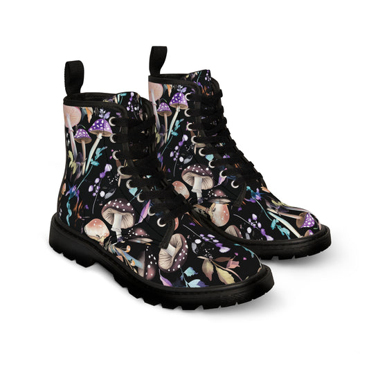 Black Rose Spotted Mushroom Woodland Goth Cottagecore Purple Witchycore Festival Drip Men's Canvas Boots