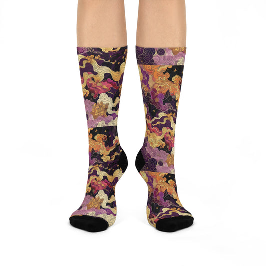Purple Gold Regal Mystical Sky Swirl Anime Witch Cushioned Crew Socks