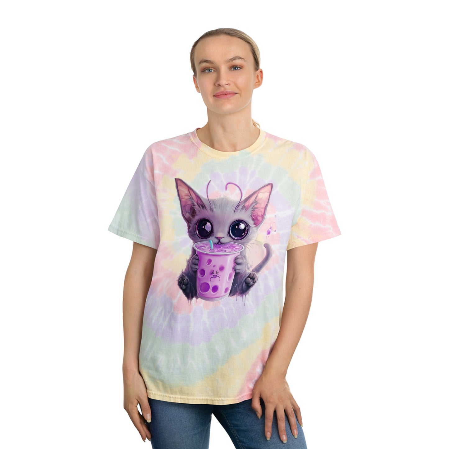 BobaCat Chibi big eyes Pastel Tie-Dye Tee, Spiral