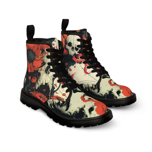 Red Floral Dark Sunflower Skull Ink Lady Swirl Japan Tattoo Art Men's Canvas Boots