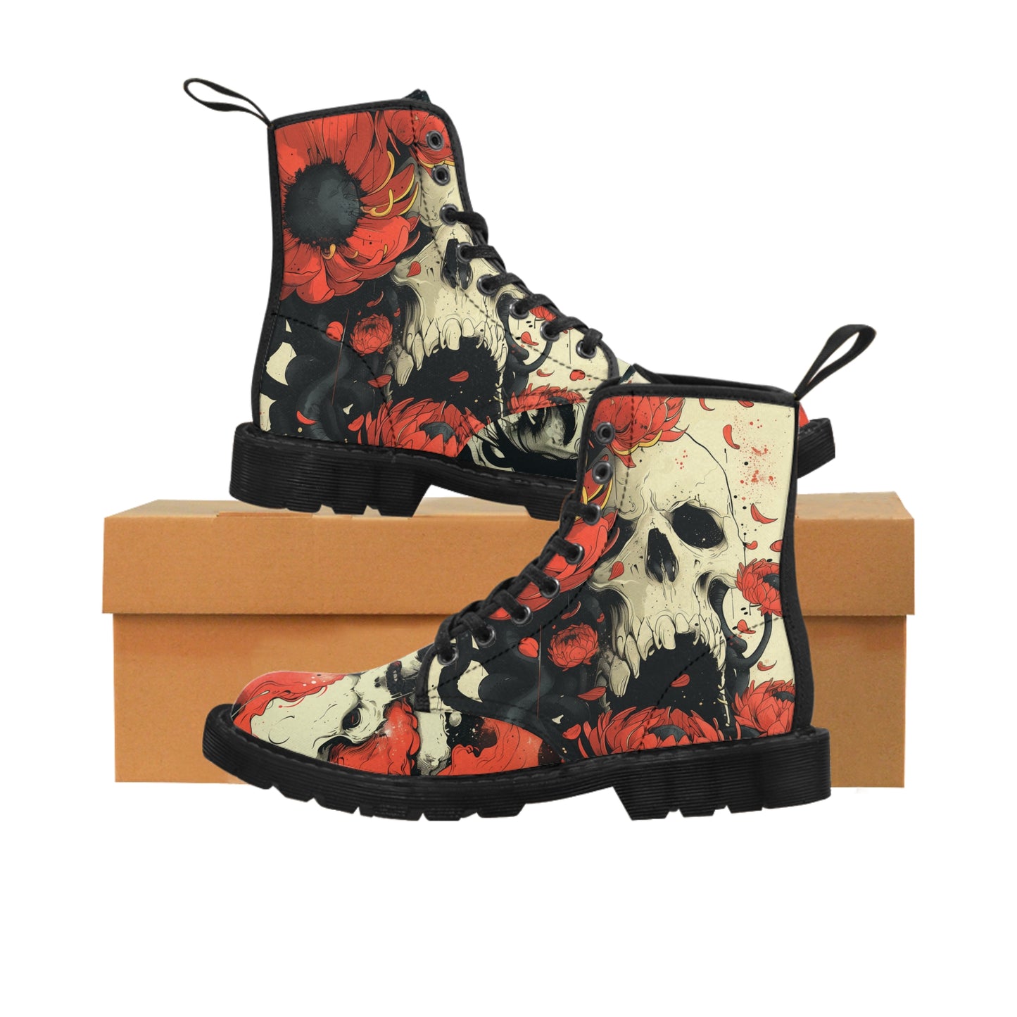 Red Floral Dark Sunflower Skull Ink Lady Swirl Japan Tattoo Art Men's Canvas Boots