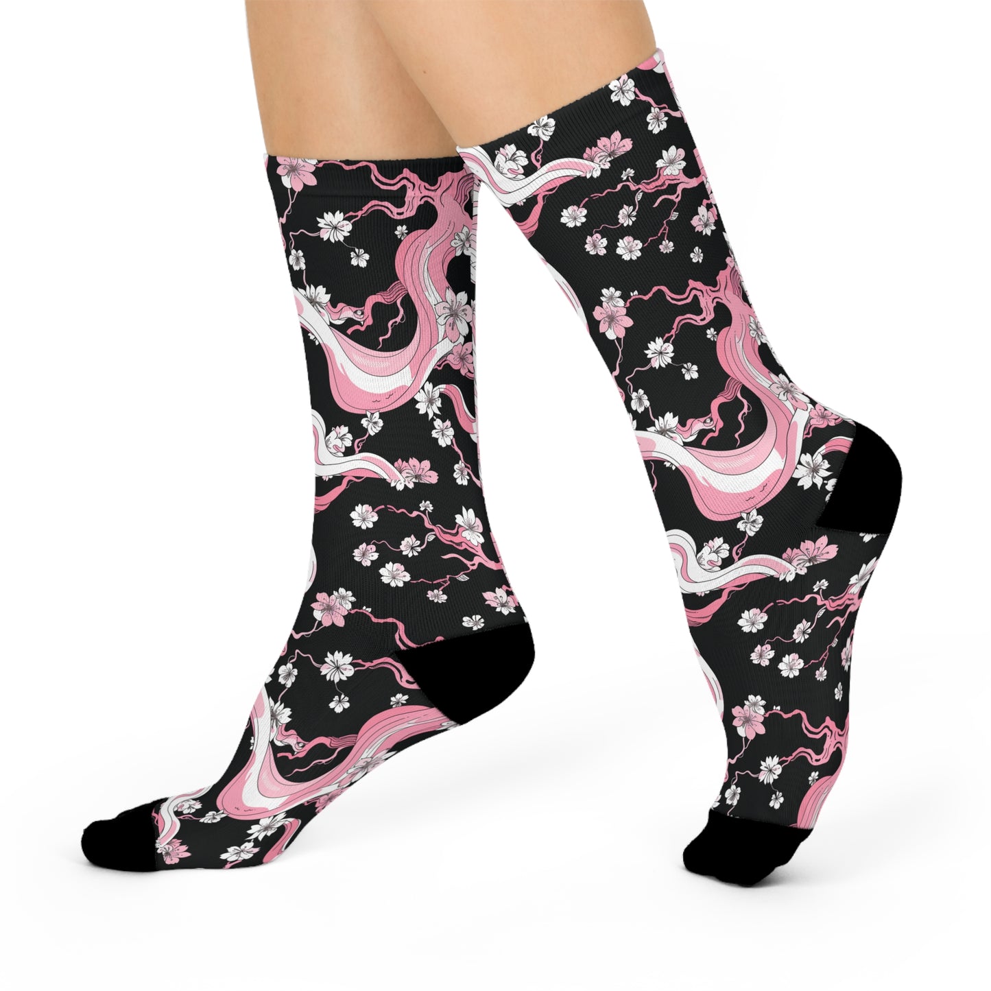 Pink Black Cherry Blossom Anime Japan Swirl Floral Cushioned Crew Socks