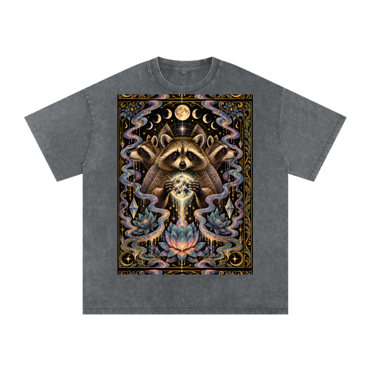 Raccoon Rorshach Moon Lotus Drip Snow Washed Oversized Cotton T-Shirt