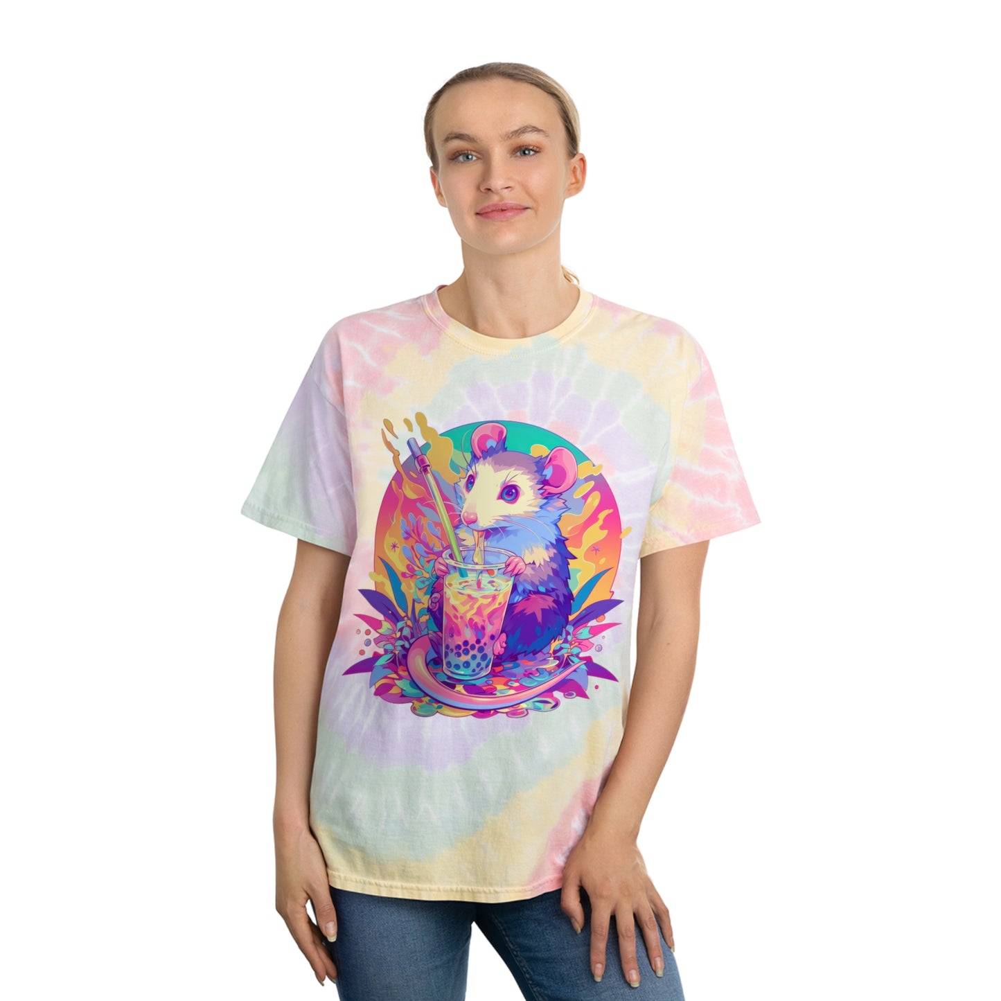 Pastel Opossum Psychedelic Swirl Boba Drip Tee Tie-Dye Tee, Spiral