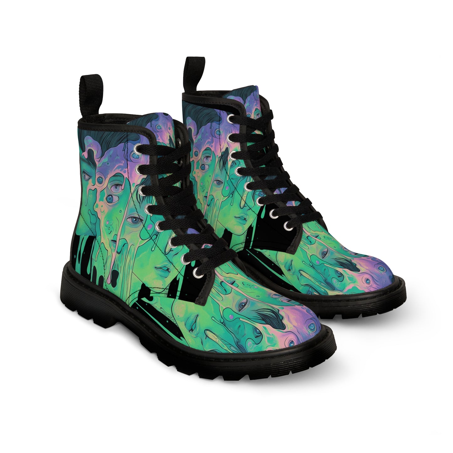 Green Neon Slime UV Color Drip Lime Festival Wear Psy Anime 3 Goddess Black Men's Canvas Boots