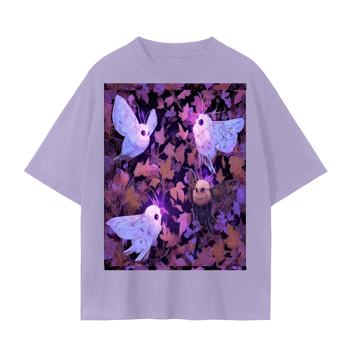 Fall White Fluffy Big Eye Moth Parade Moonlight Leaves Anime Night Unisex Seamless T-Shirt