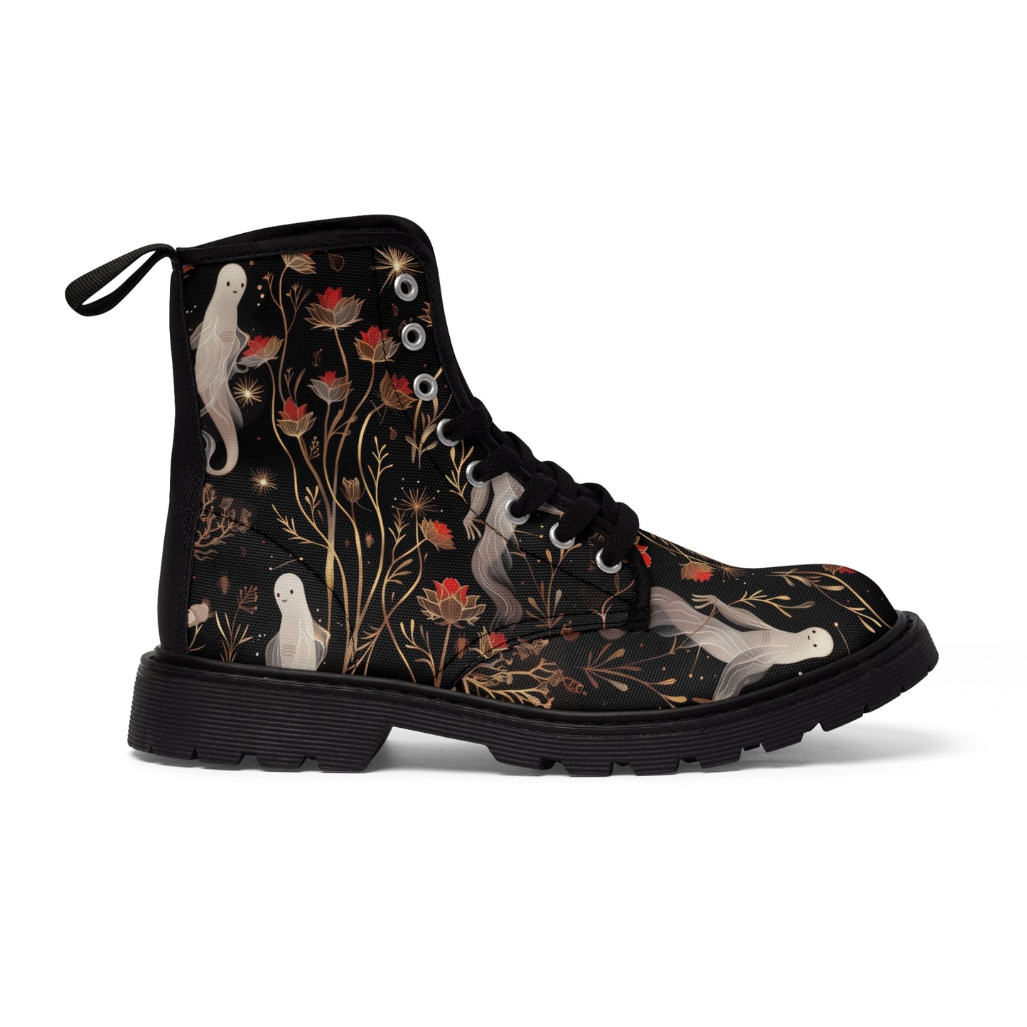 Fall Floral Anime Ghost Red Gold Flower Floating Night Scene Men's Canvas Boots