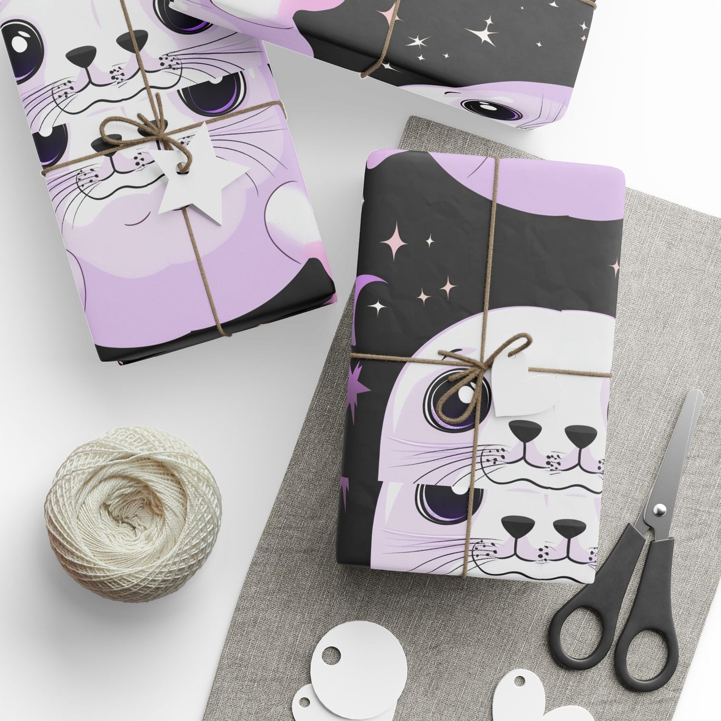 Baby Harp Seal Crescent Moon Pastel Lilac Lavender Black Wrapping Papers