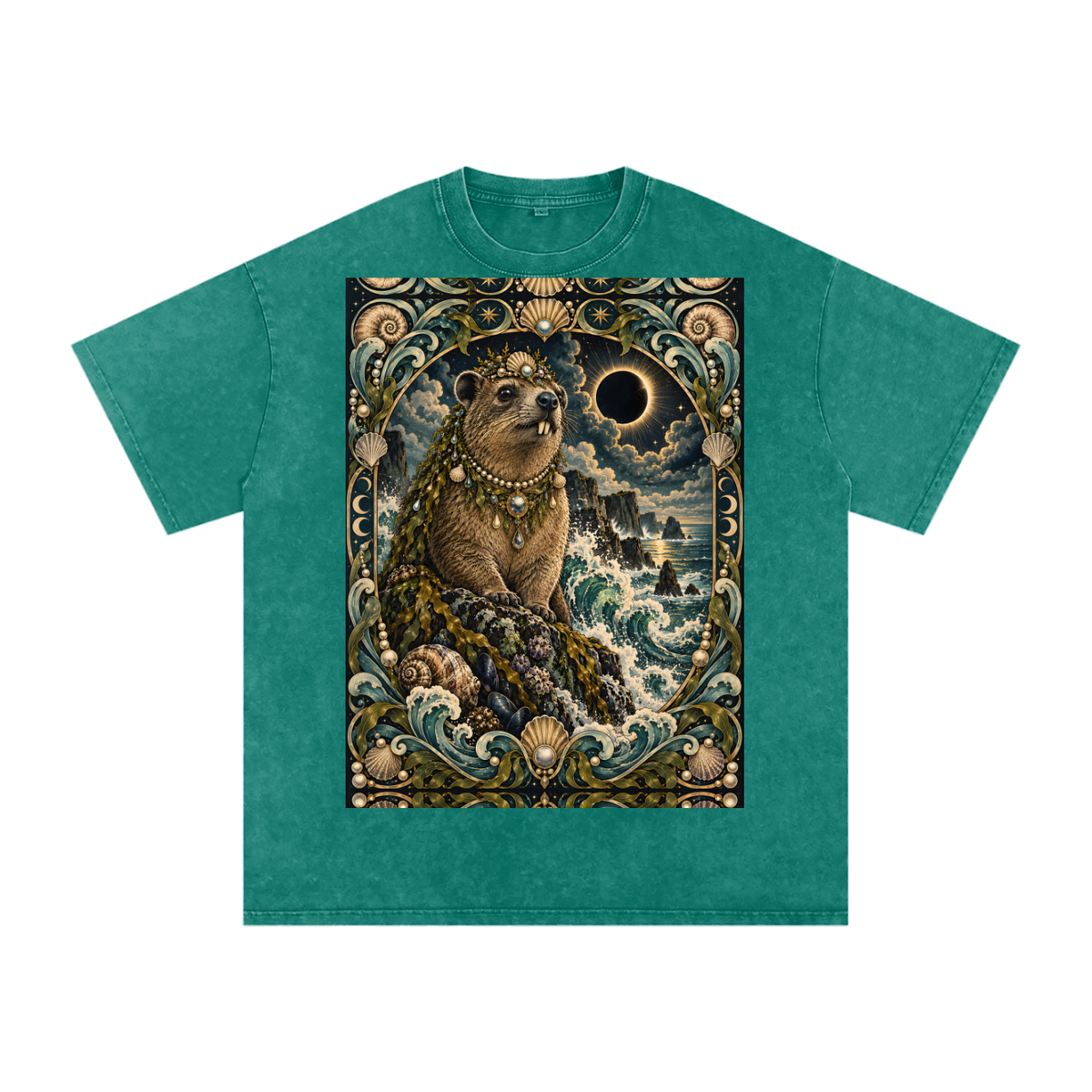 Sea Waves Hyrax Eclipse Moon Night Hyrax Royal Noble Steed Grunge Tooth Snow Washed Oversized Cotton T-Shirt