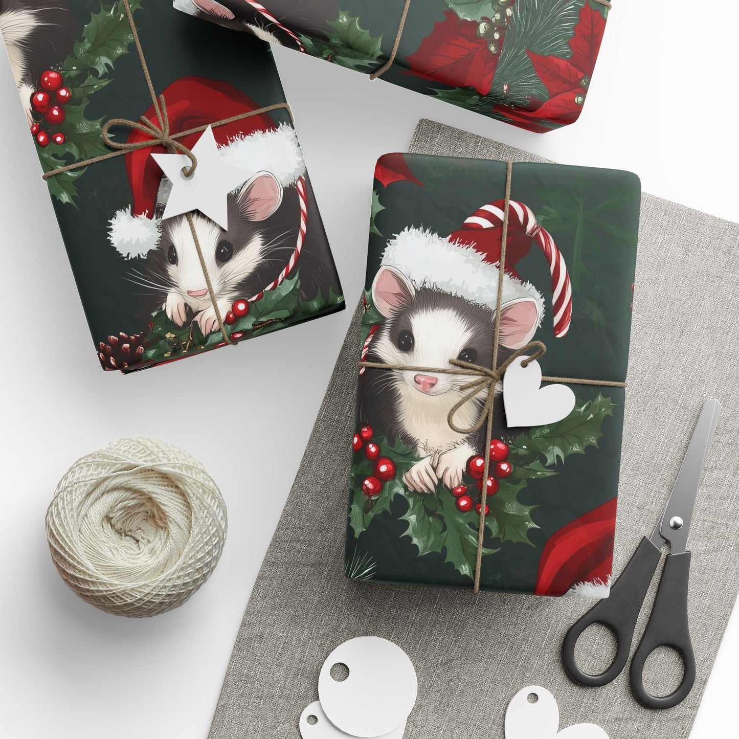 Opossum Trio Cluster PineCone Berries Pine Poinsetta Wrapping Papers