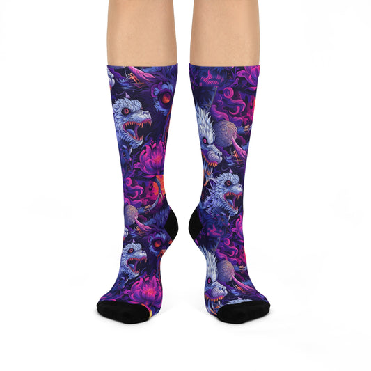 Purple Blue Sky Ancient Dragon Yokai Swirl Cushioned Crew Socks