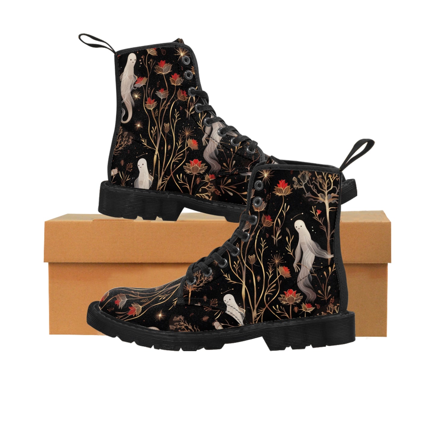 Fall Floral Anime Ghost Red Gold Flower Floating Night Scene Men's Canvas Boots