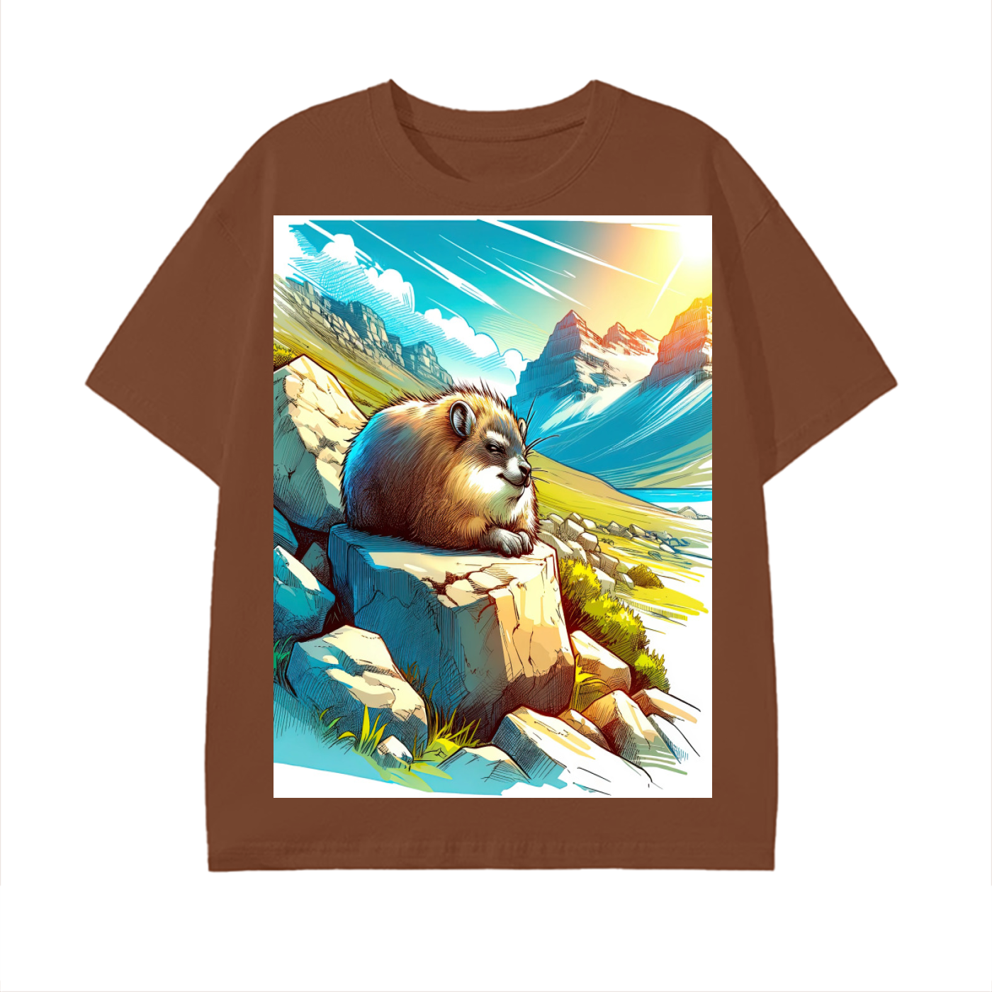 Anime Hyrax Blue skies basking on Rocks in field Pure Cotton Festival Rave Unisex T-Shirt