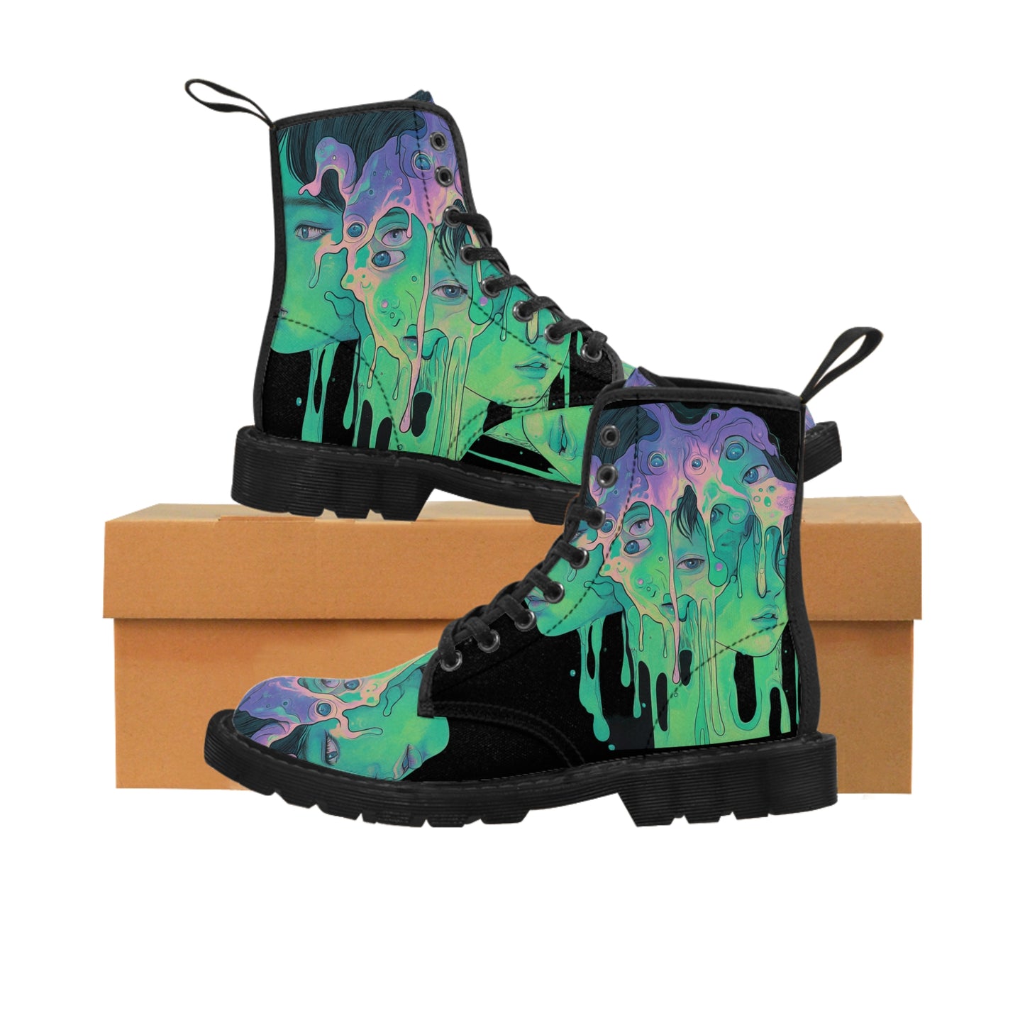 Green Neon Slime UV Color Drip Lime Festival Wear Psy Anime 3 Goddess Black Men's Canvas Boots