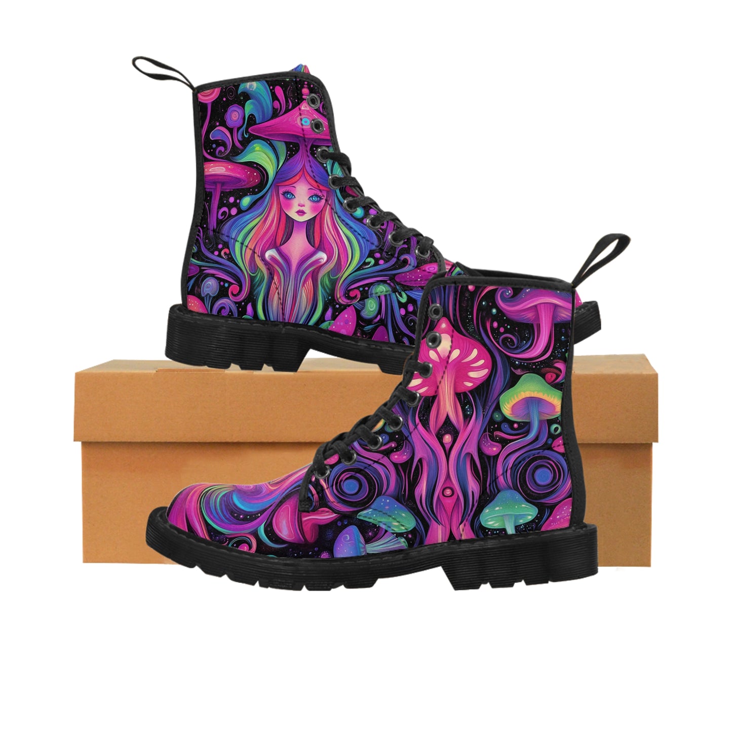 UV Alien Goddess Mushroom Glow SpaceShip Pink Purple Aqua Pastel Psychedelia Swirl Men's Canvas Boots