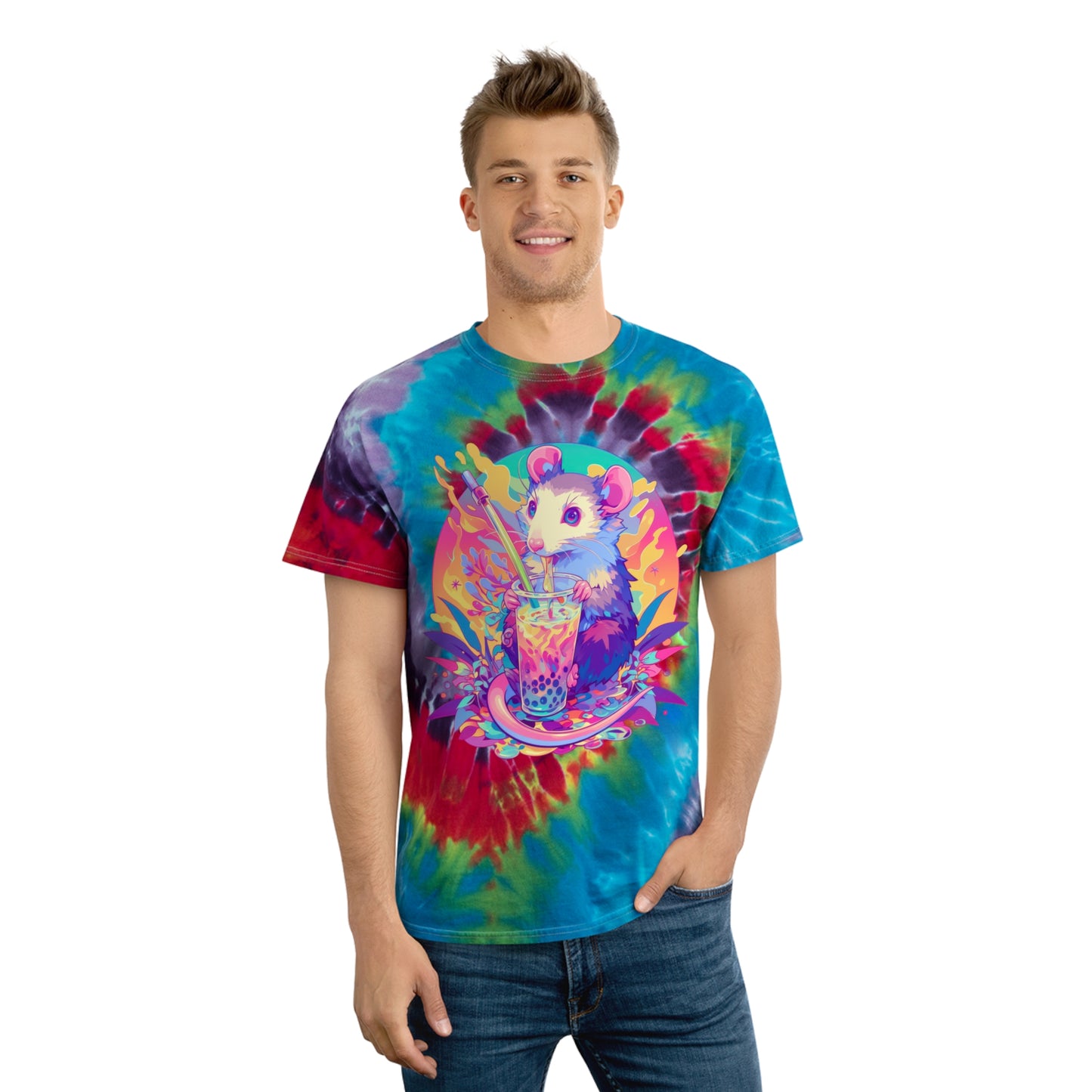 Pastel Opossum Psychedelic Swirl Boba Drip Tee Tie-Dye Tee, Spiral