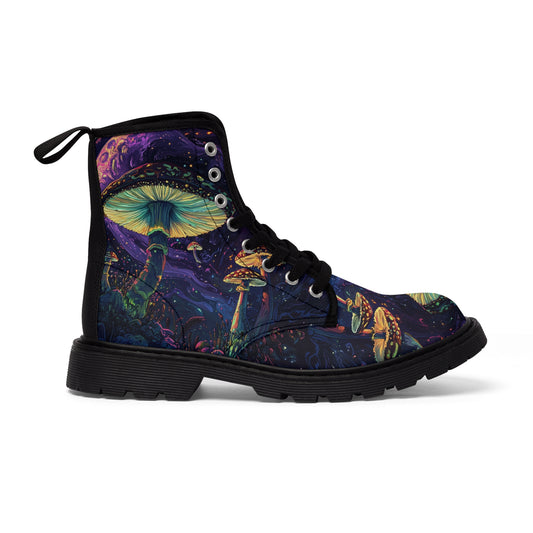 Purple Psychedelia Mushroom Fungi Cap Firefly Night Light in Space Swirl UV Festival Men's Canvas Boots