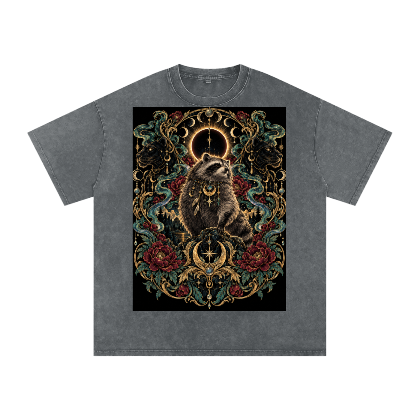 Racoon Crescent Panther Moonlight Grunge Washed Oversized Cotton T-Shirt