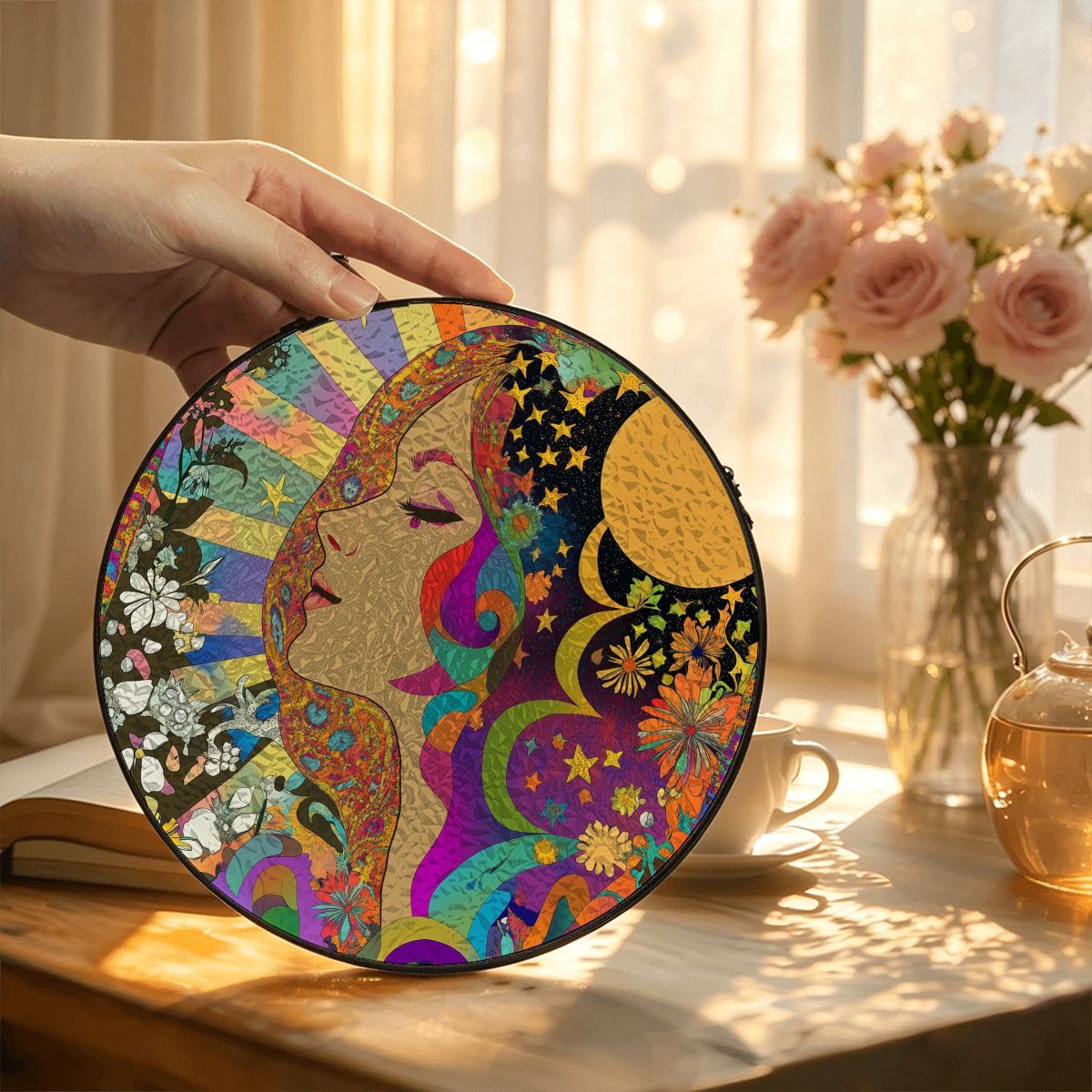 Stained Glass Suncatcher Art Neveau Psychedelic Celestial Sun Moon Beam Love Goddess Window Hanging