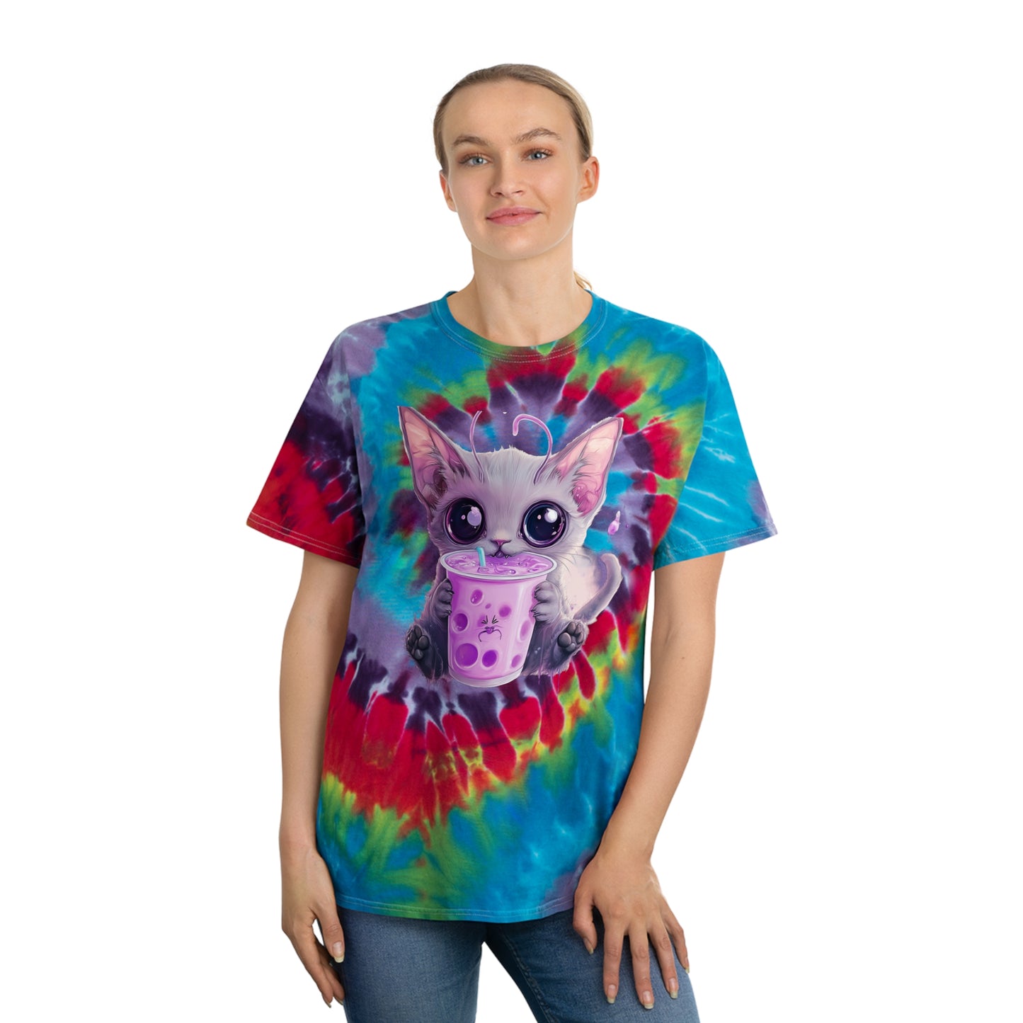 BobaCat Chibi big eyes Pastel Tie-Dye Tee, Spiral