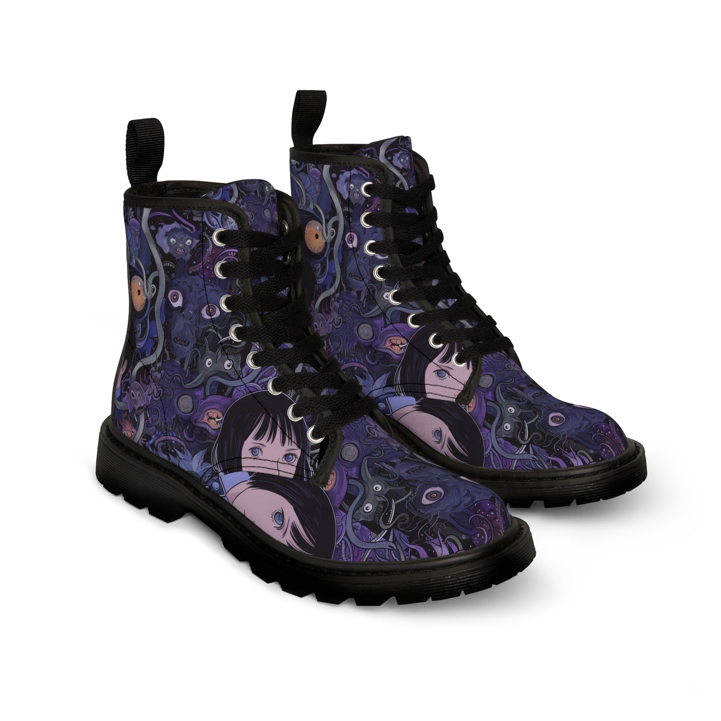Purple Anime Horror Eyeball Wrapping Yokai Monster Faces Scene Men's Canvas Boots