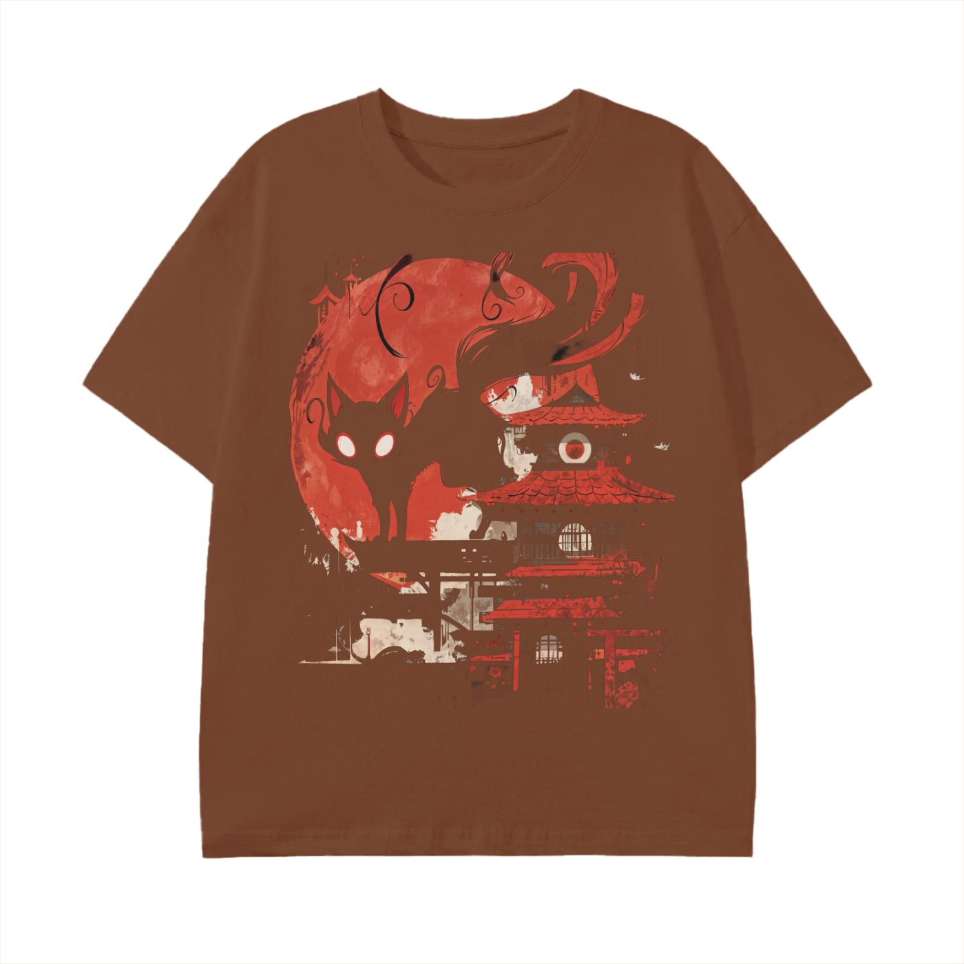 Shadow Cat Blood Moon Japan Anime Edo Shinto Yokai Shrine Washout Graphic Unisex Classic T-Shirt
