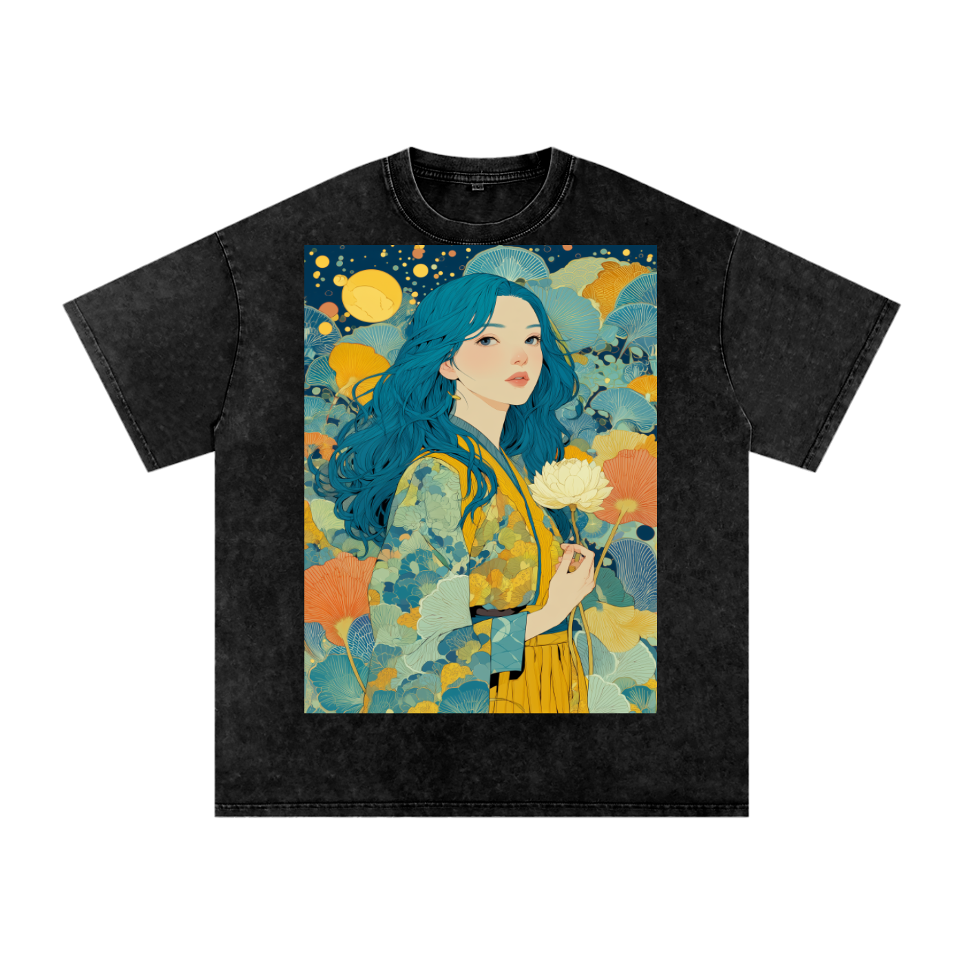 Teal Full Moon Lotus Goddess Psychedelic Art Nouveau Snow Washed Oversized Cotton T-Shirt