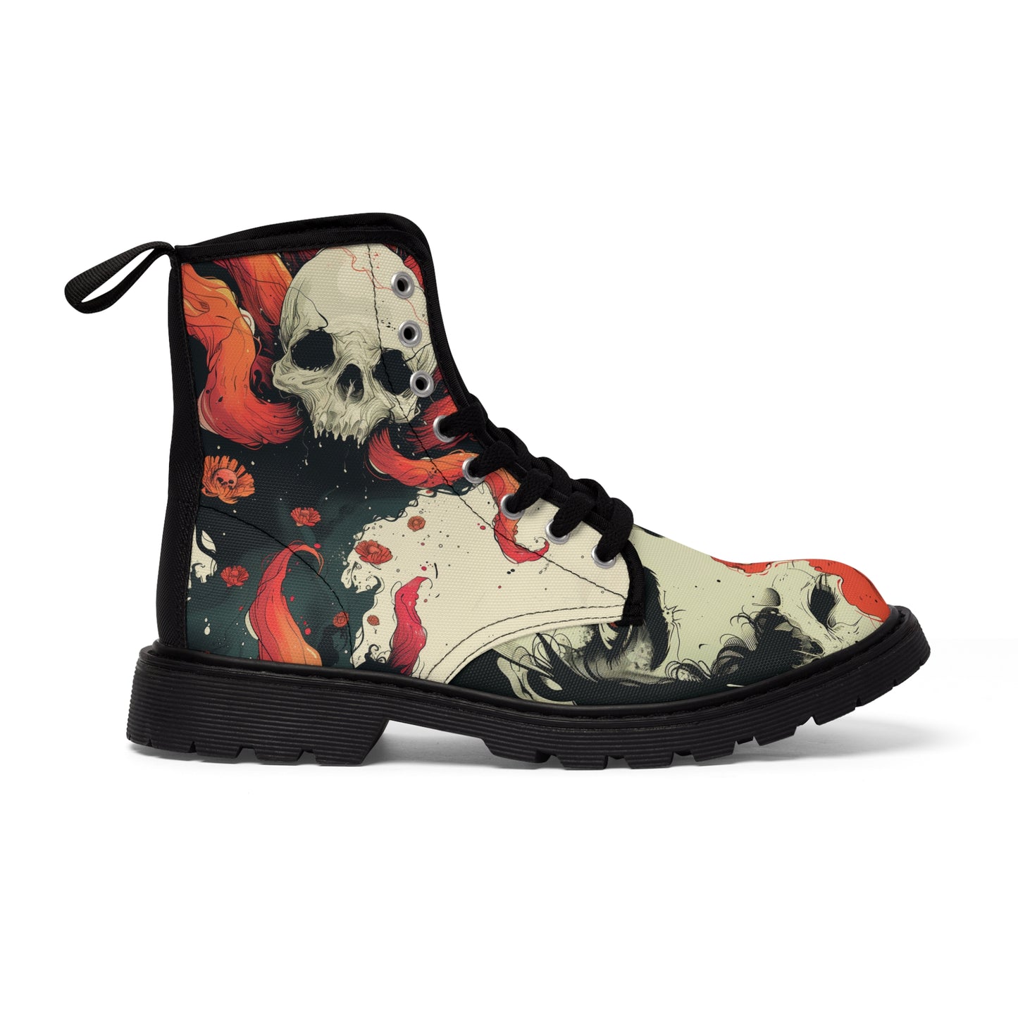 Red Floral Dark Sunflower Skull Ink Lady Swirl Japan Tattoo Art Men's Canvas Boots