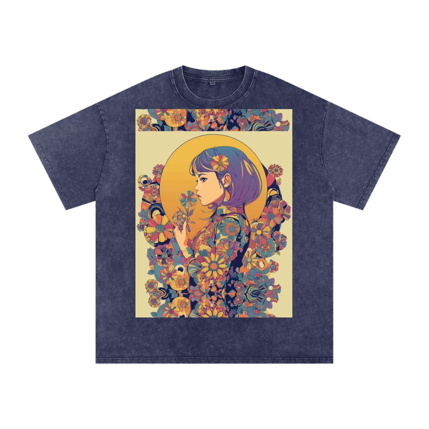 Retro Moon Boho Flapper Nouveau floral flower Maiden Snow Washed Oversized Cotton T-Shirt