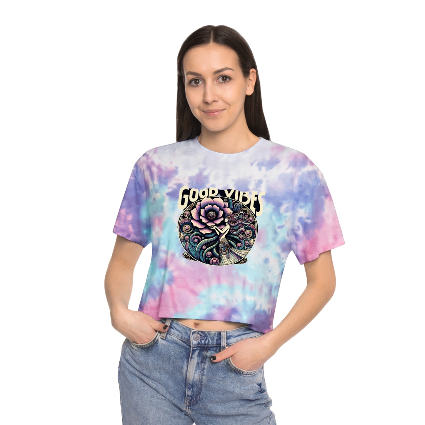 Good Vibes Floral Boho fairy Crop Pastel boxy candy tie dyeWomen's Tie-Dye Crop Tee