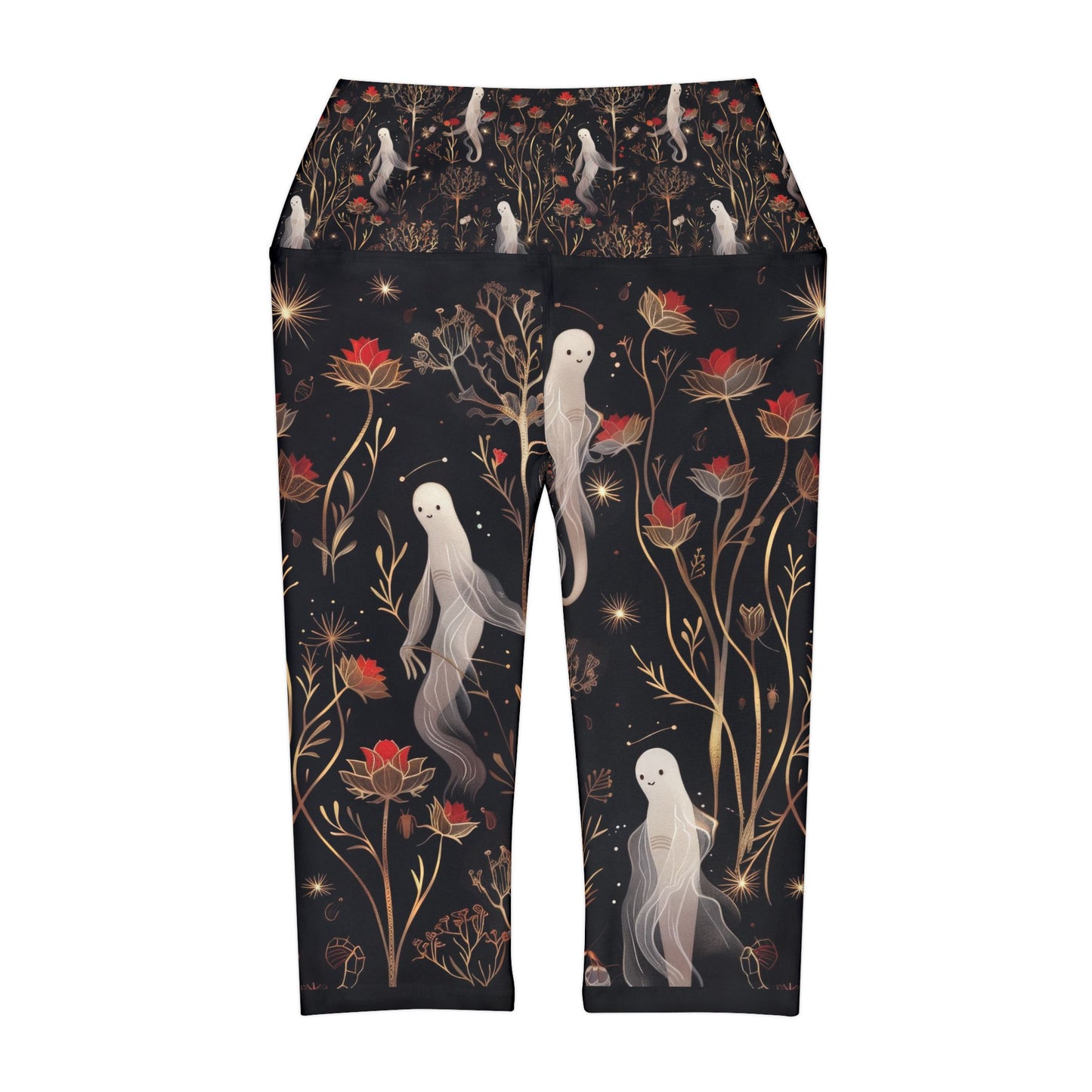 Ghost Floating Floral Night Woods Gold Shimmer Pattern Yoga Capri Leggings (AOP)