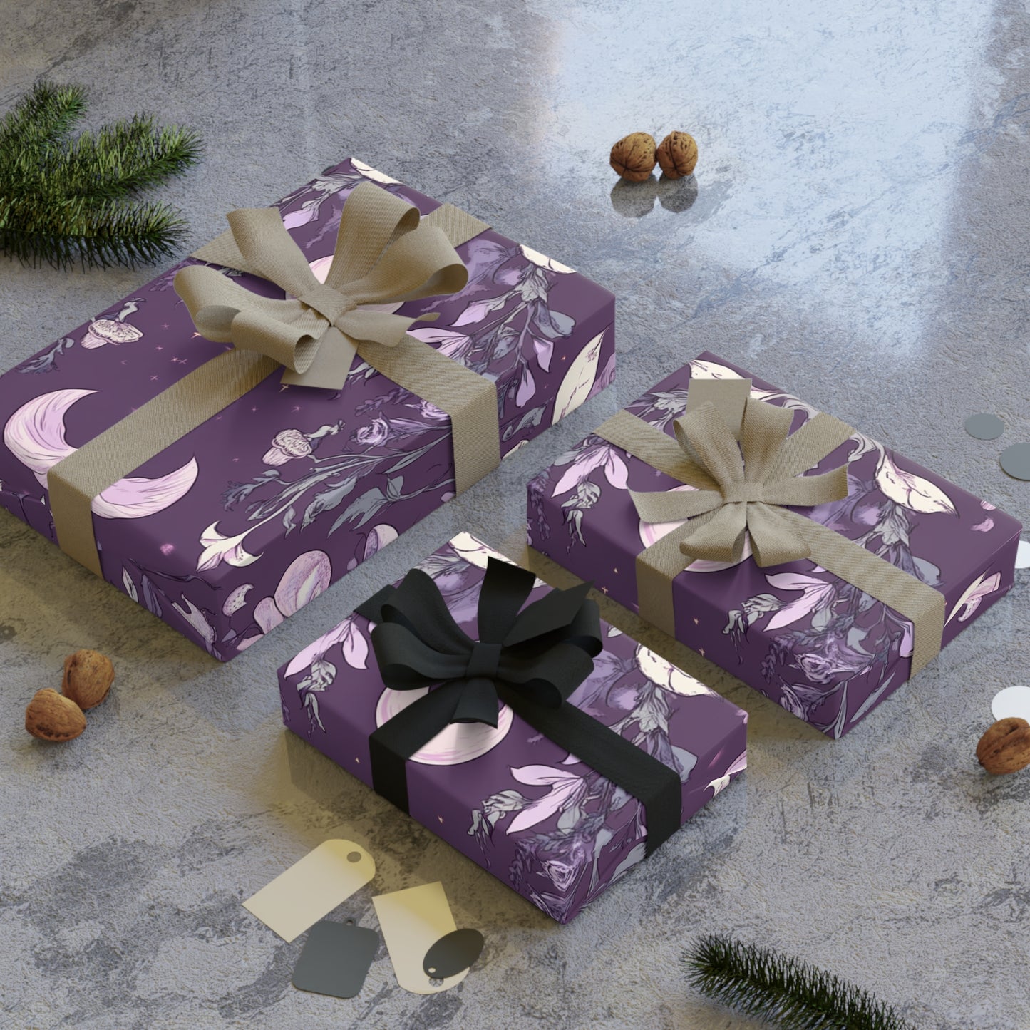 Purple Crescent Moon Leave Foliage Boho Gift Wrapping Paper Rolls, 1pc