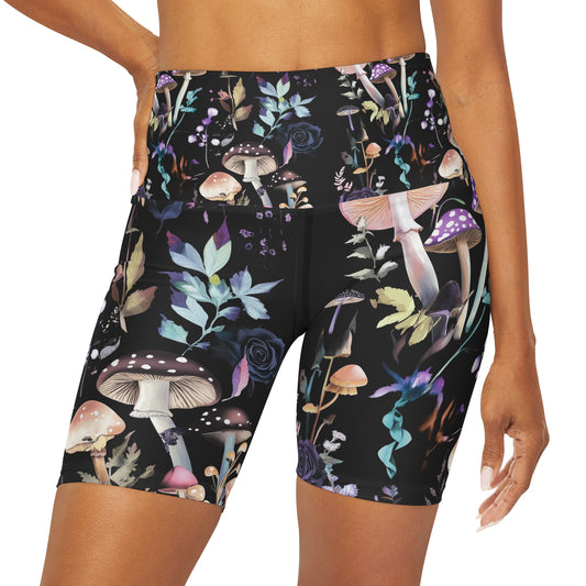 Black Spotted Cottagecore Mushroom Fall Purple Rustic Sepia Drip Pattern High Waisted Yoga Shorts (AOP)