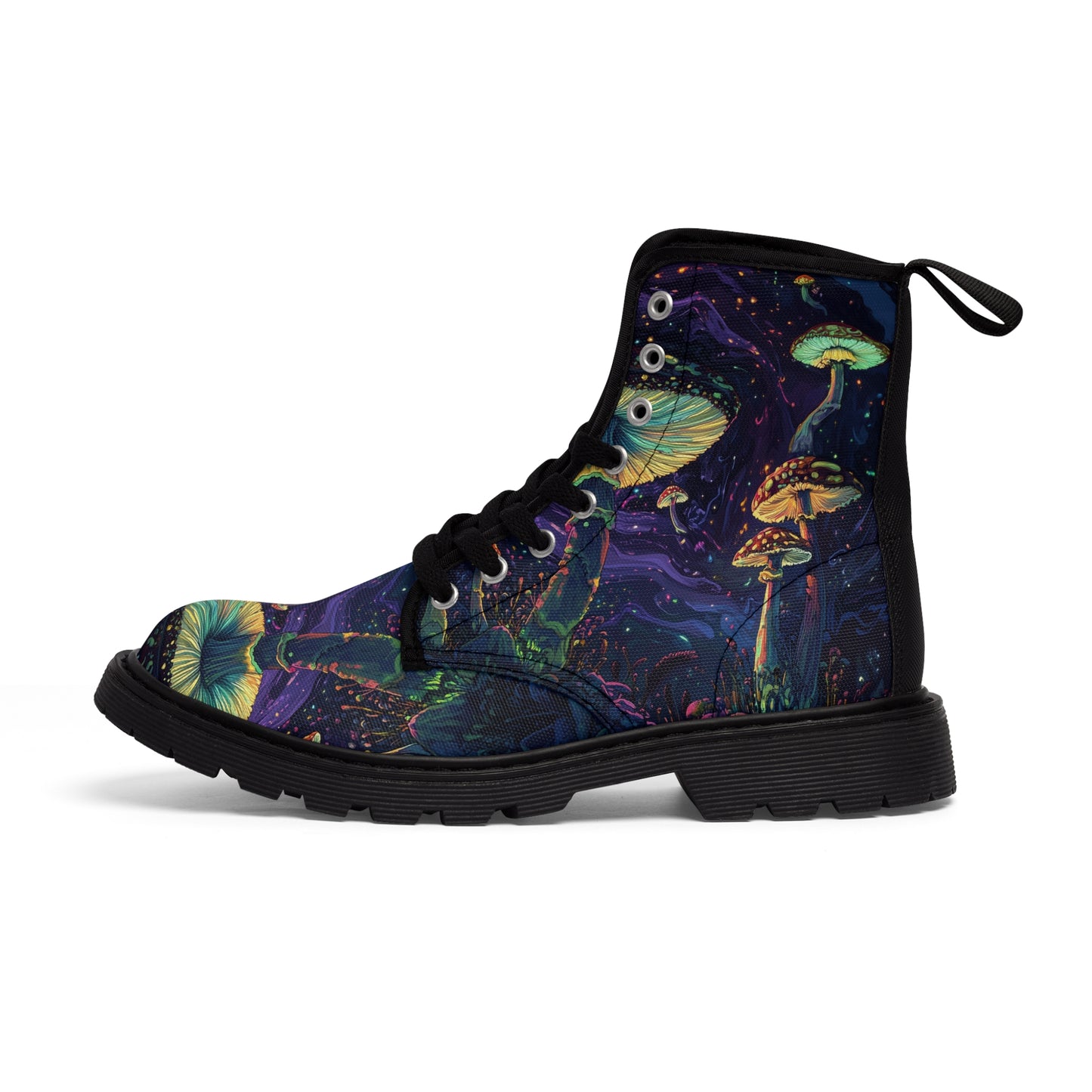 Purple Psychedelia Mushroom Fungi Cap Firefly Night Light in Space Swirl UV Festival Men's Canvas Boots
