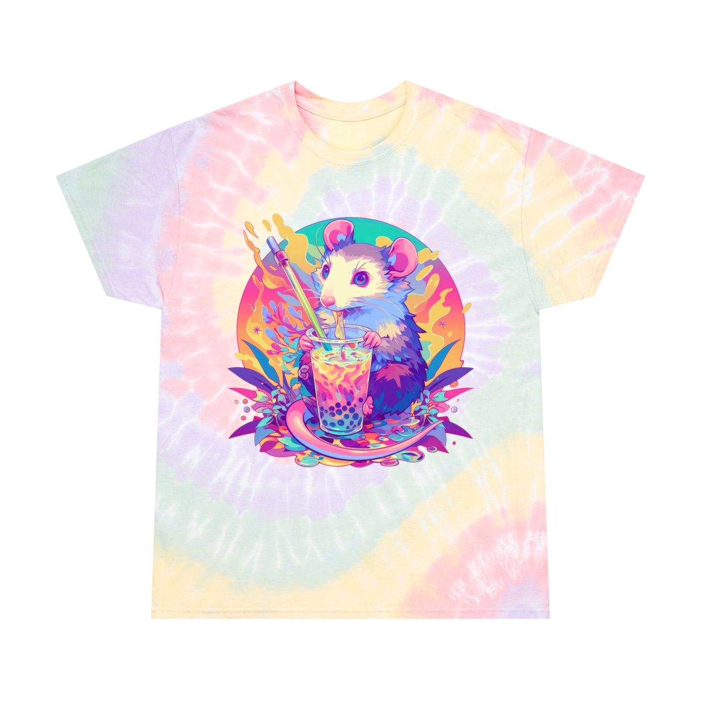 Pastel Opossum Psychedelic Swirl Boba Drip Tee Tie-Dye Tee, Spiral