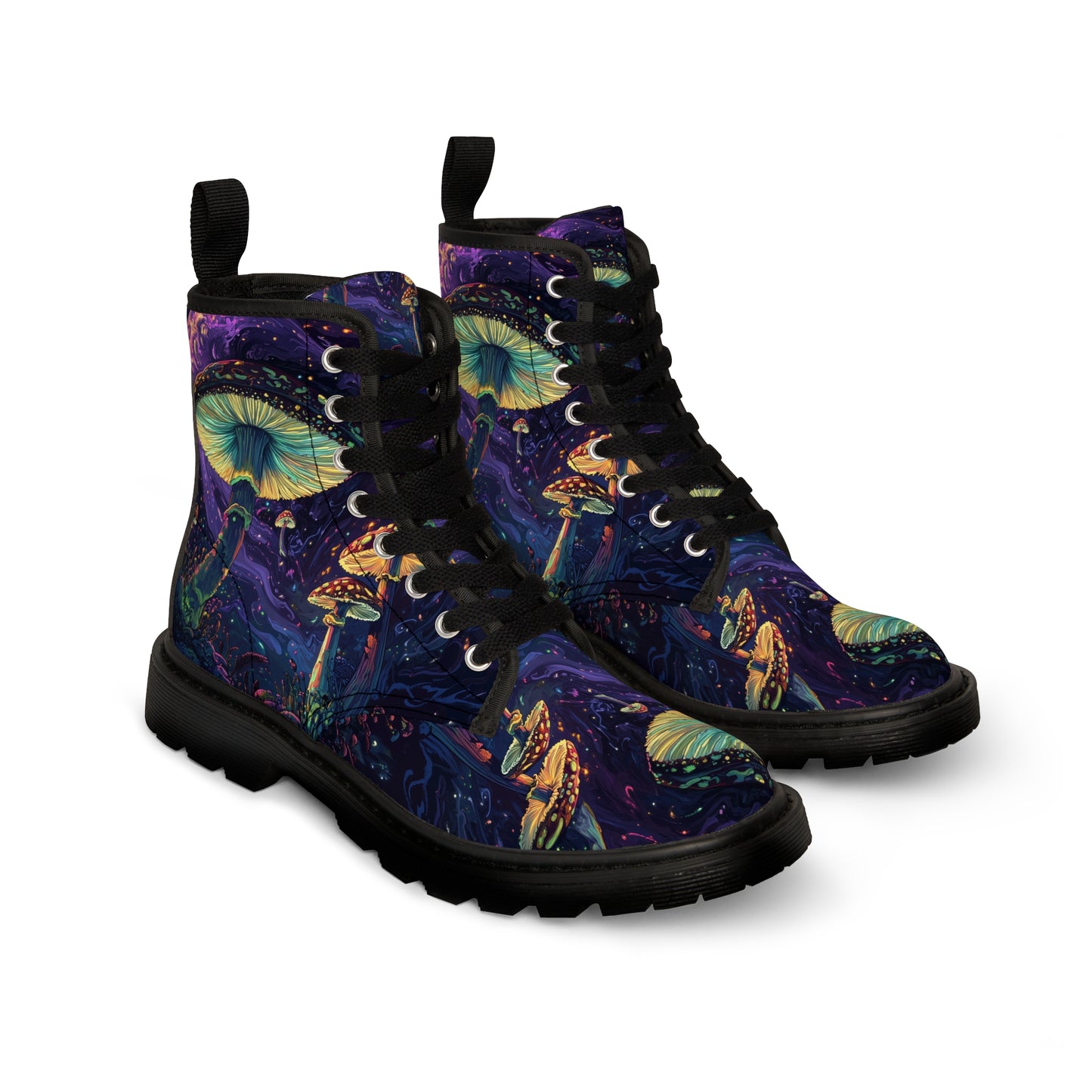Purple Psychedelia Mushroom Fungi Cap Firefly Night Light in Space Swirl UV Festival Men's Canvas Boots