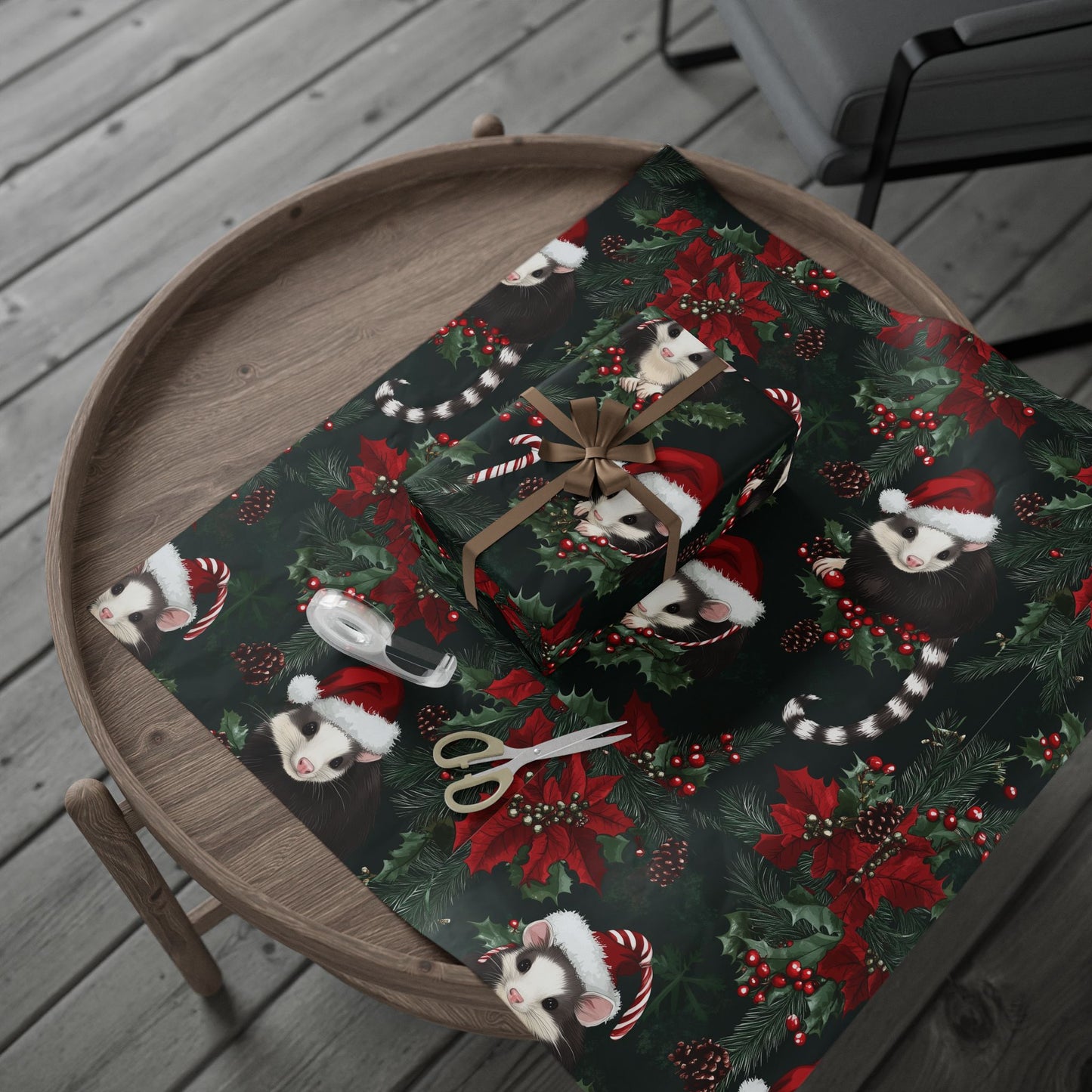 Opossum Trio Cluster PineCone Berries Pine Poinsetta Wrapping Papers